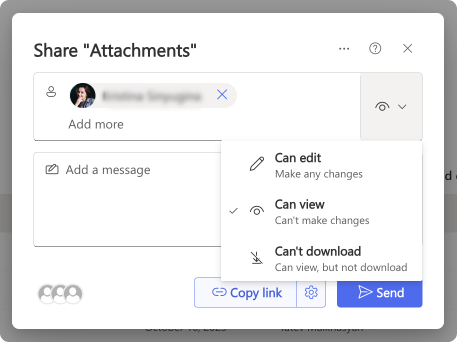 Adjusting permissions in a sharing dialog.