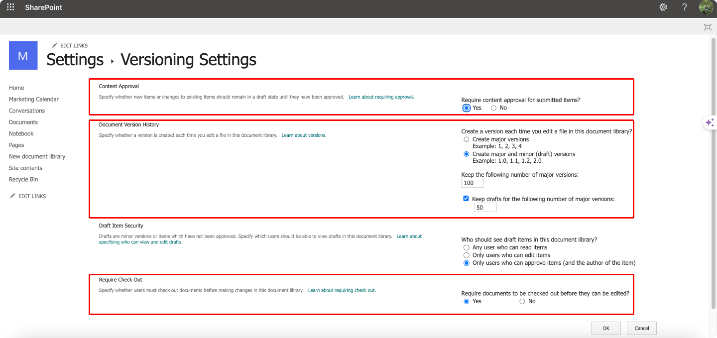 Selecting settings for approving content, versioning, and checking out.