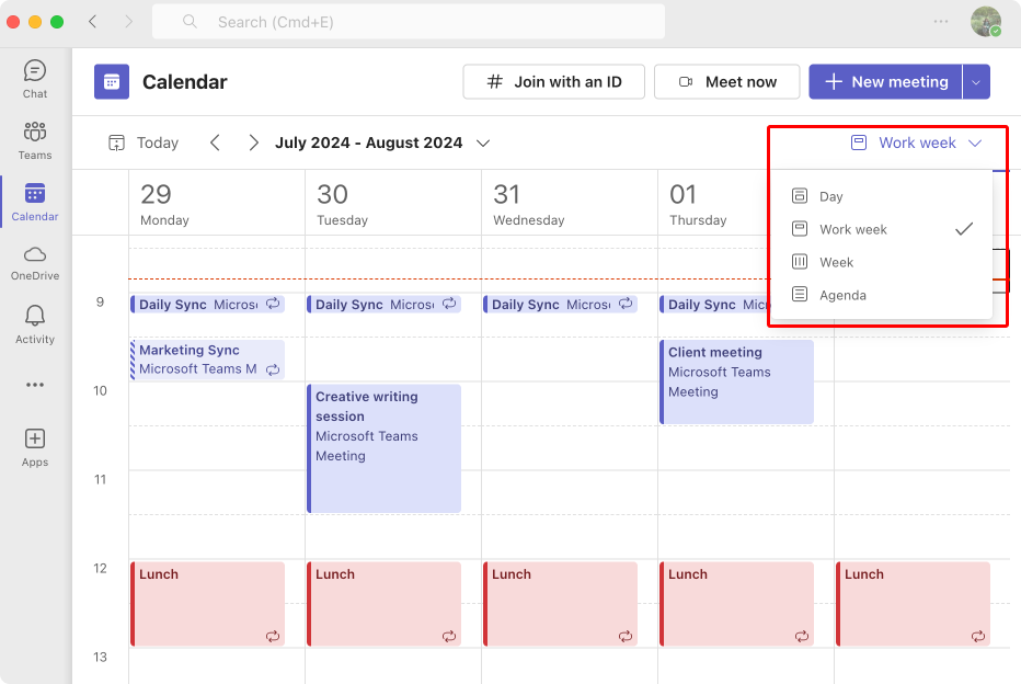 Pic. 7. Exploring different available calendar views in the Microsoft Teams calendar.