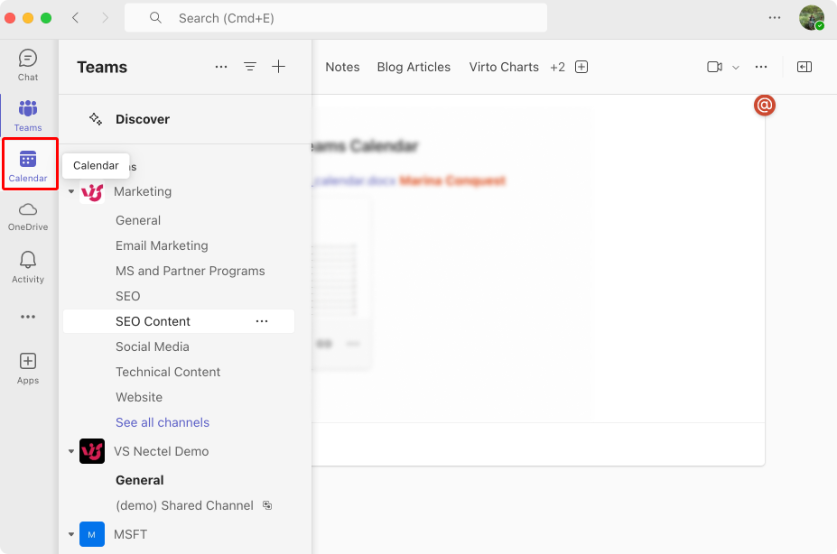 Navigating to “Calendar” within Microsoft Teams.