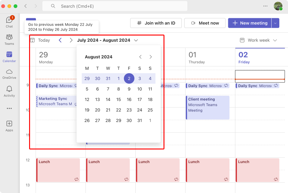 Pic. 8. Using arrows to navigate within the calendar dates for a Teams calendar month view.