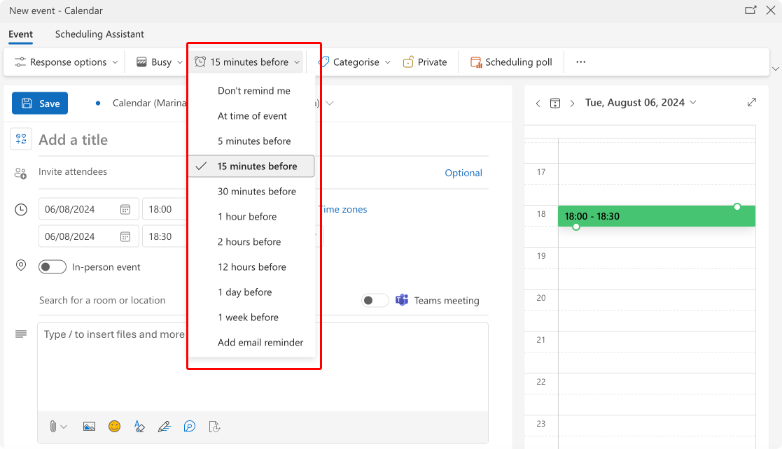 Pic. 11. Setting reminders from the Outlook interface.