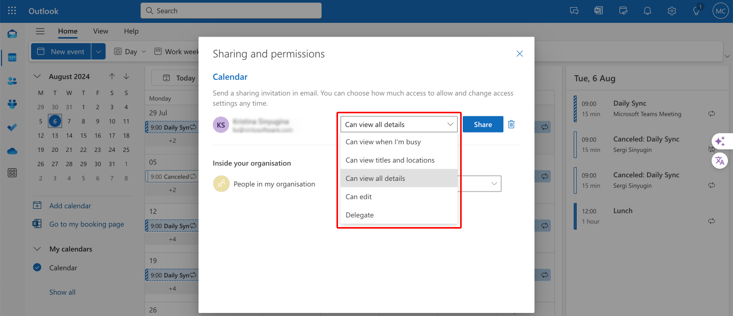 Pic. 13. Setting permissions for accessing your calendar.