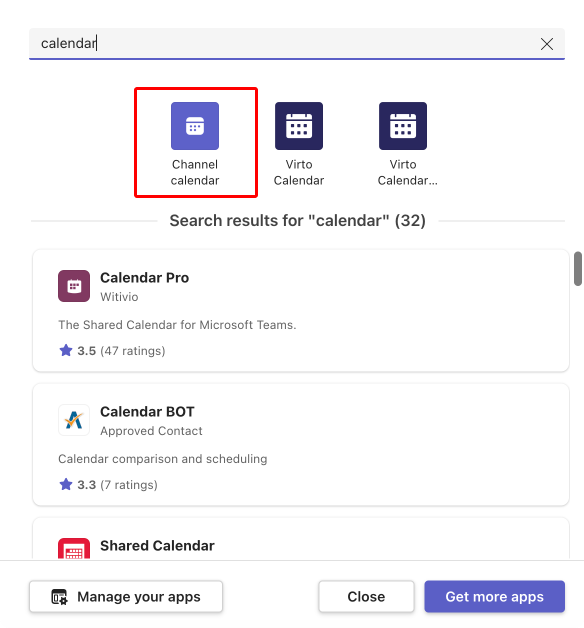 Searching for a channel calendar app within Microsoft Teams.