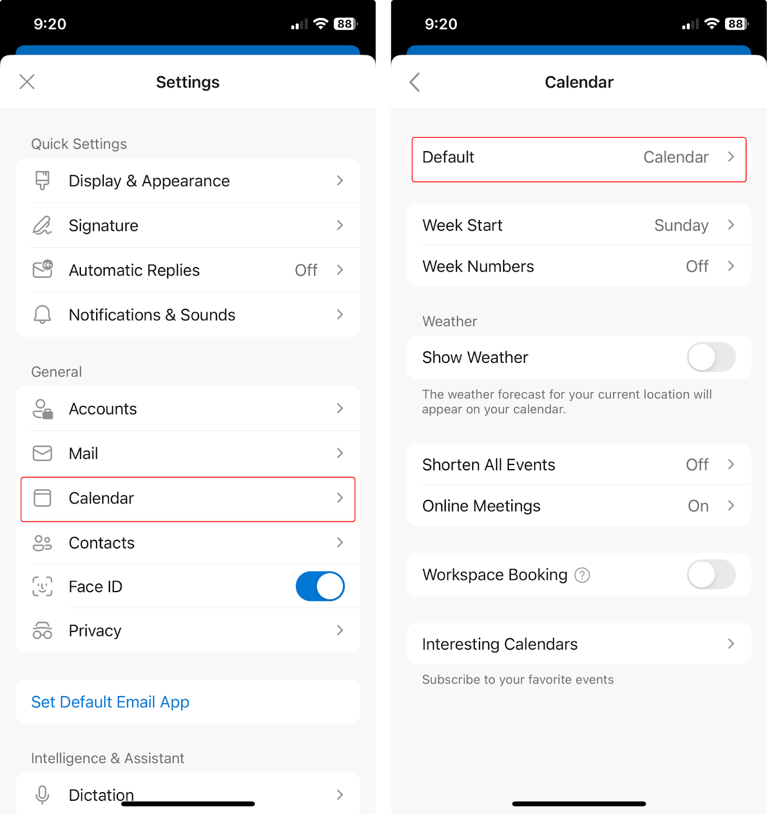 Verifying the default calendar in Outlook for mobile.