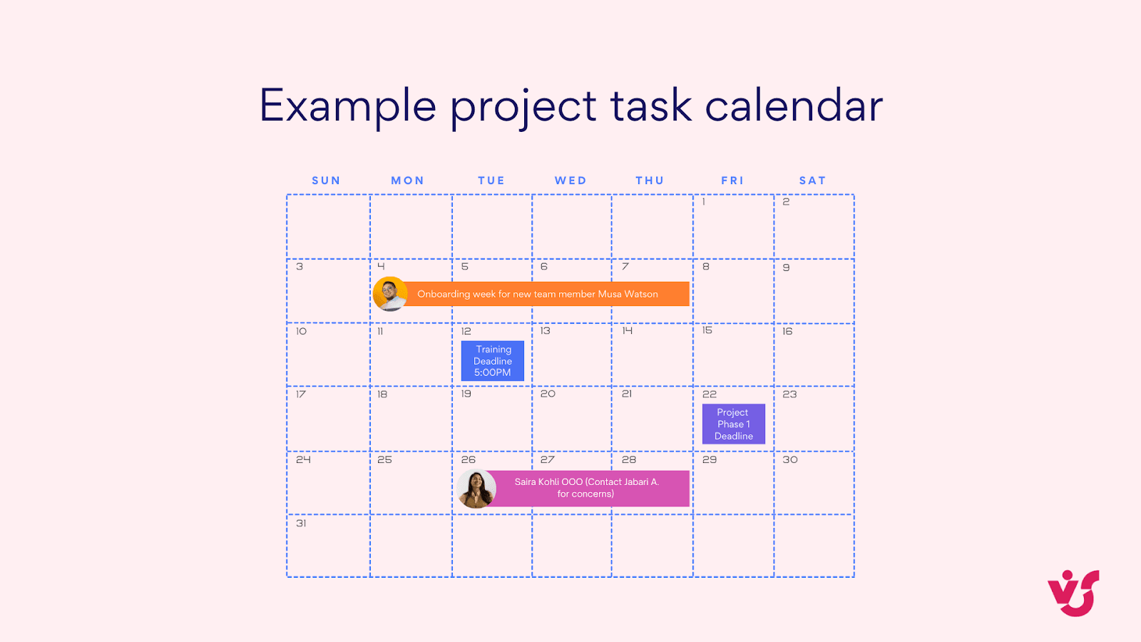 Example project task calendar.