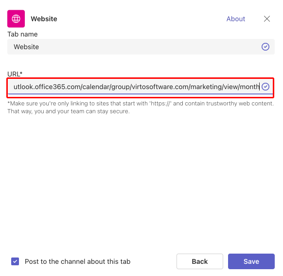 Pasting the link to the “website” tab in Microft Teams.