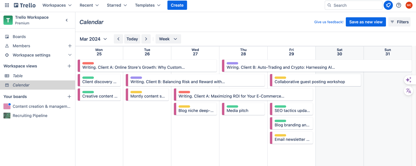 Calendar view in Trello.