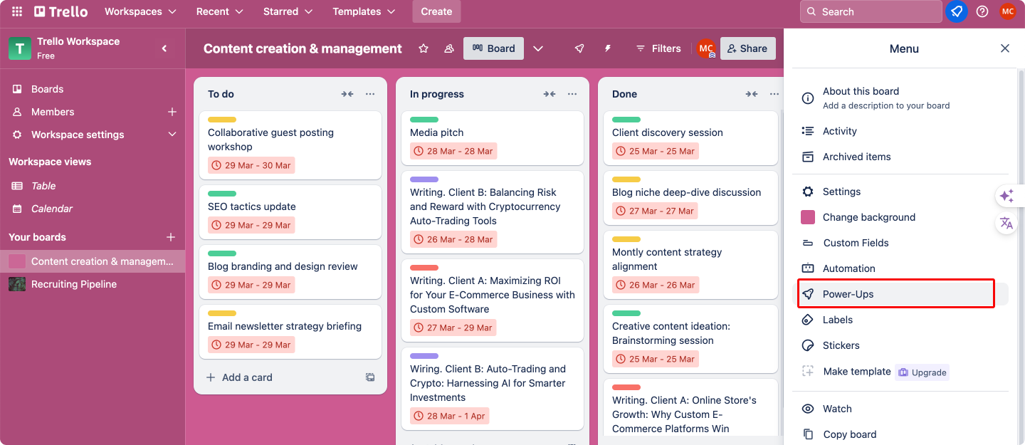  Navigating to “Power-Ups” in Trello. 