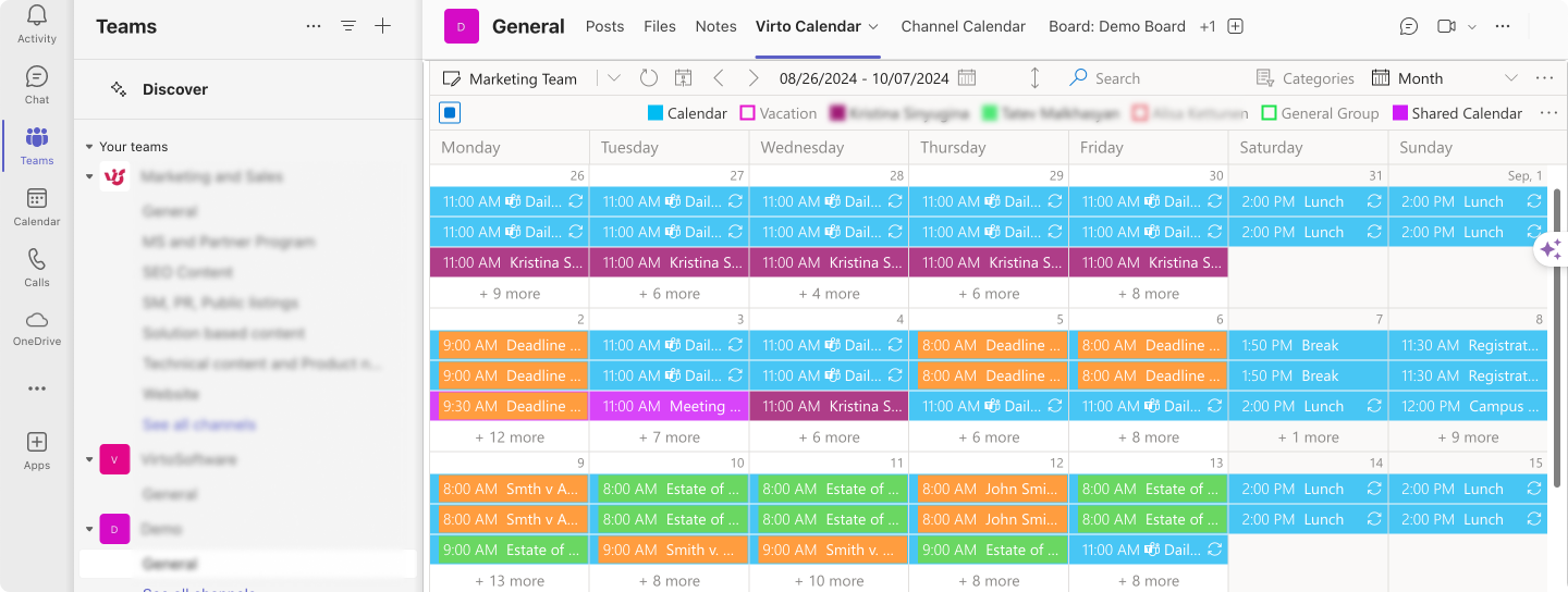 Sample Virto Calendar view within Microsoft Teams.