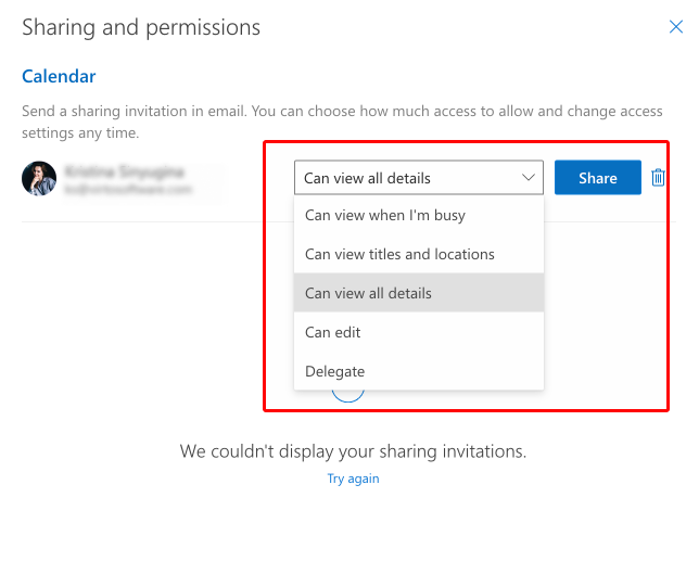 Setting sharing permissions for calendars in Outlook.