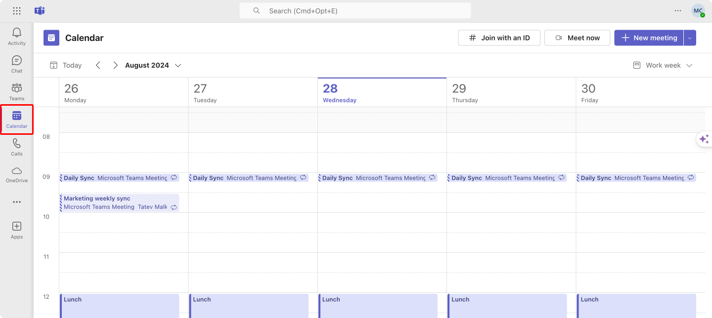 Navigating to the calendar section in Microsoft Teams.