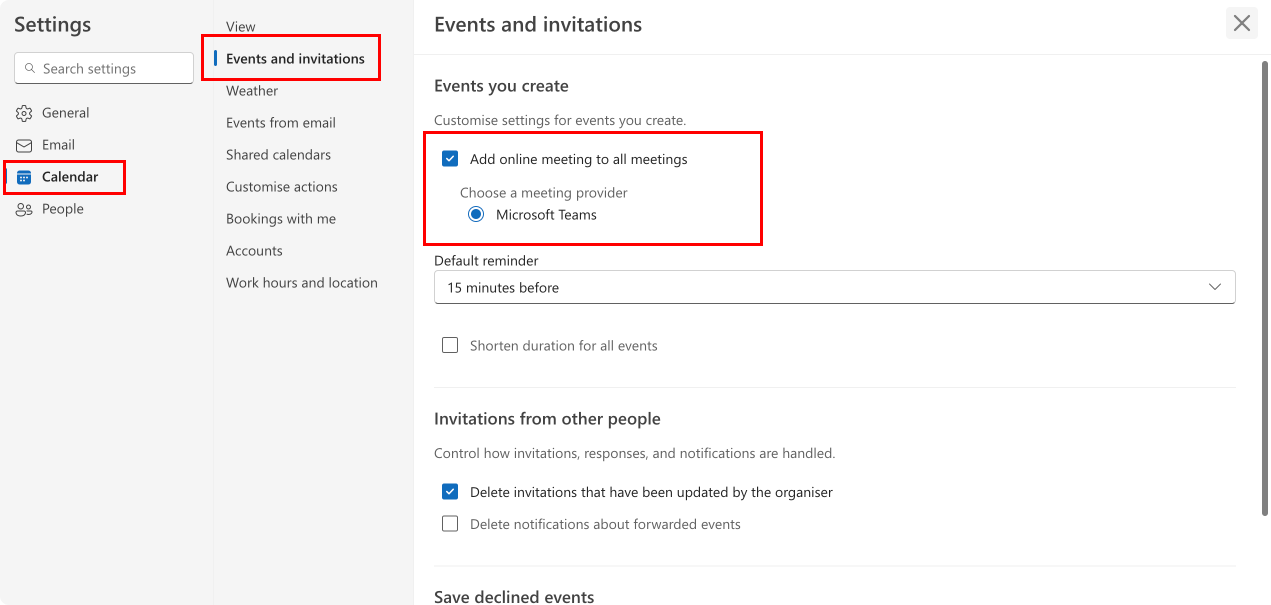 Checking calendar settings in Outlook.