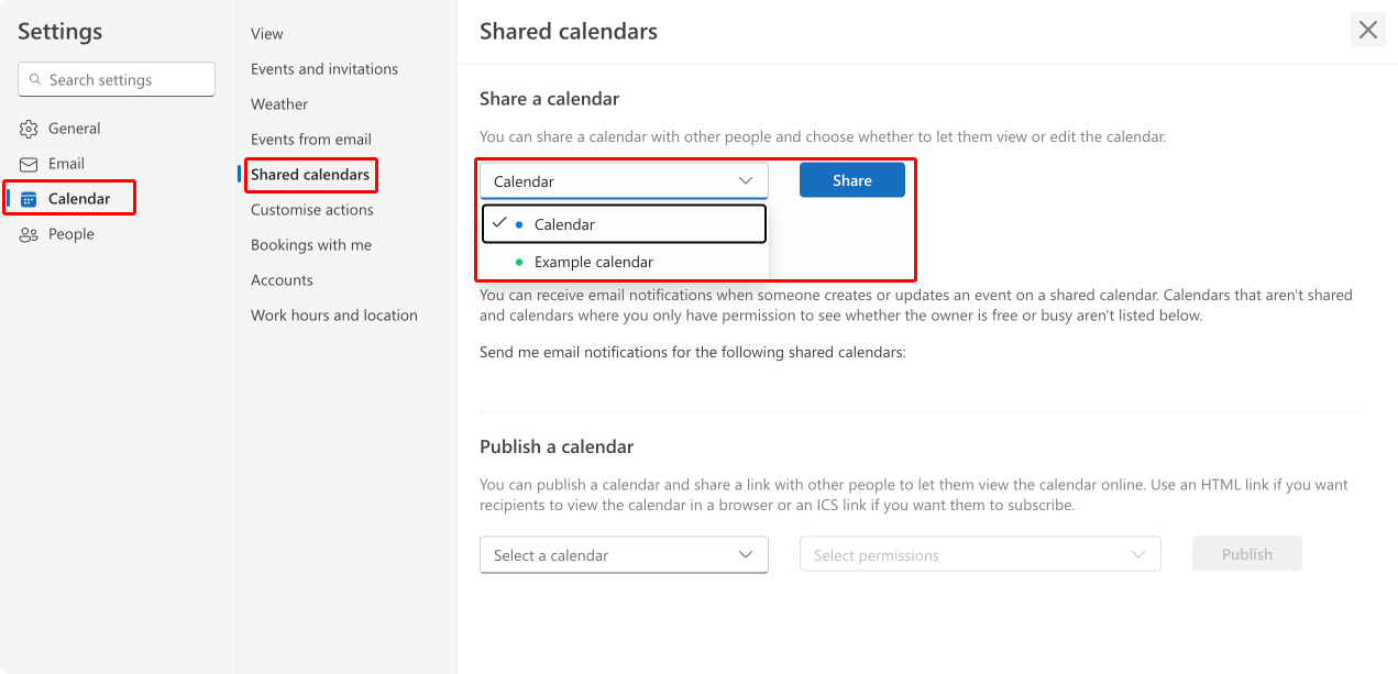 Checking sharing settings in Outlook.