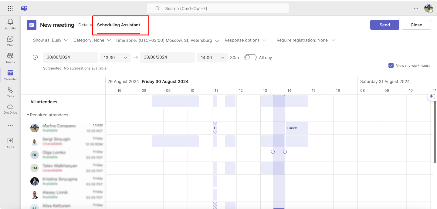 Navigating to the Scheduling Assistant in Microsoft Teams.