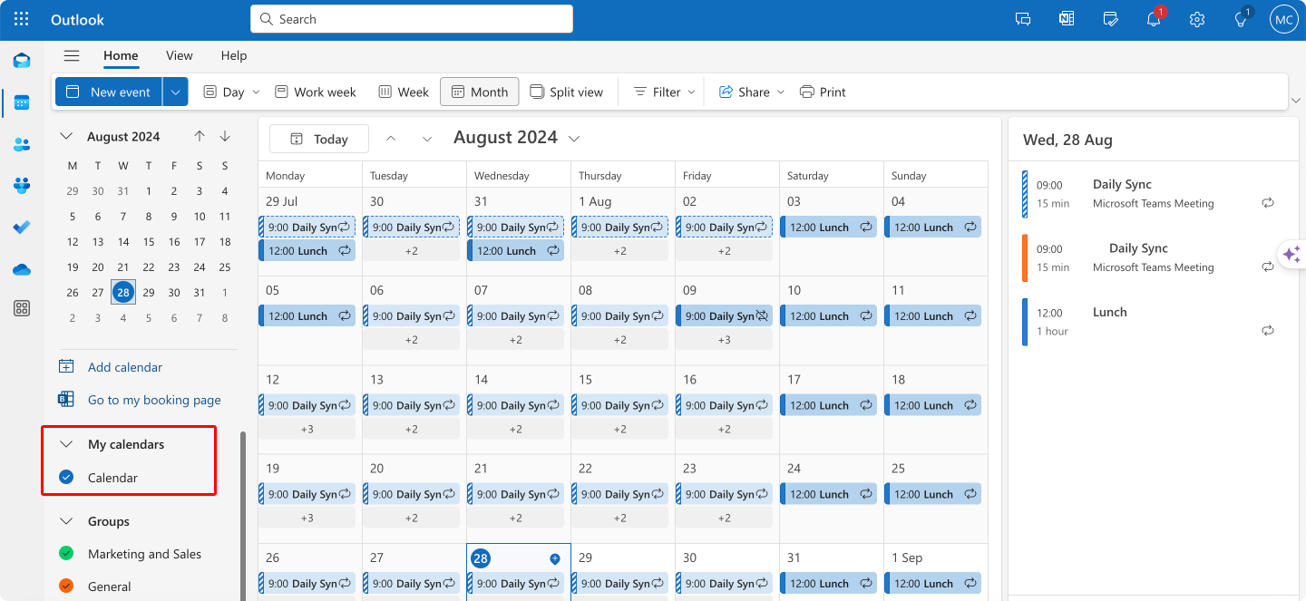 Navigate to the “My calendars” section in Outlook.