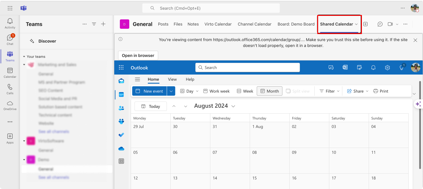 Your website tab as the Outlook group calendar you’ve just imported.