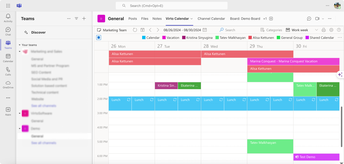 Sample overlaid co-worker schedule in the Virto Calendar tab within Microsoft Teams.