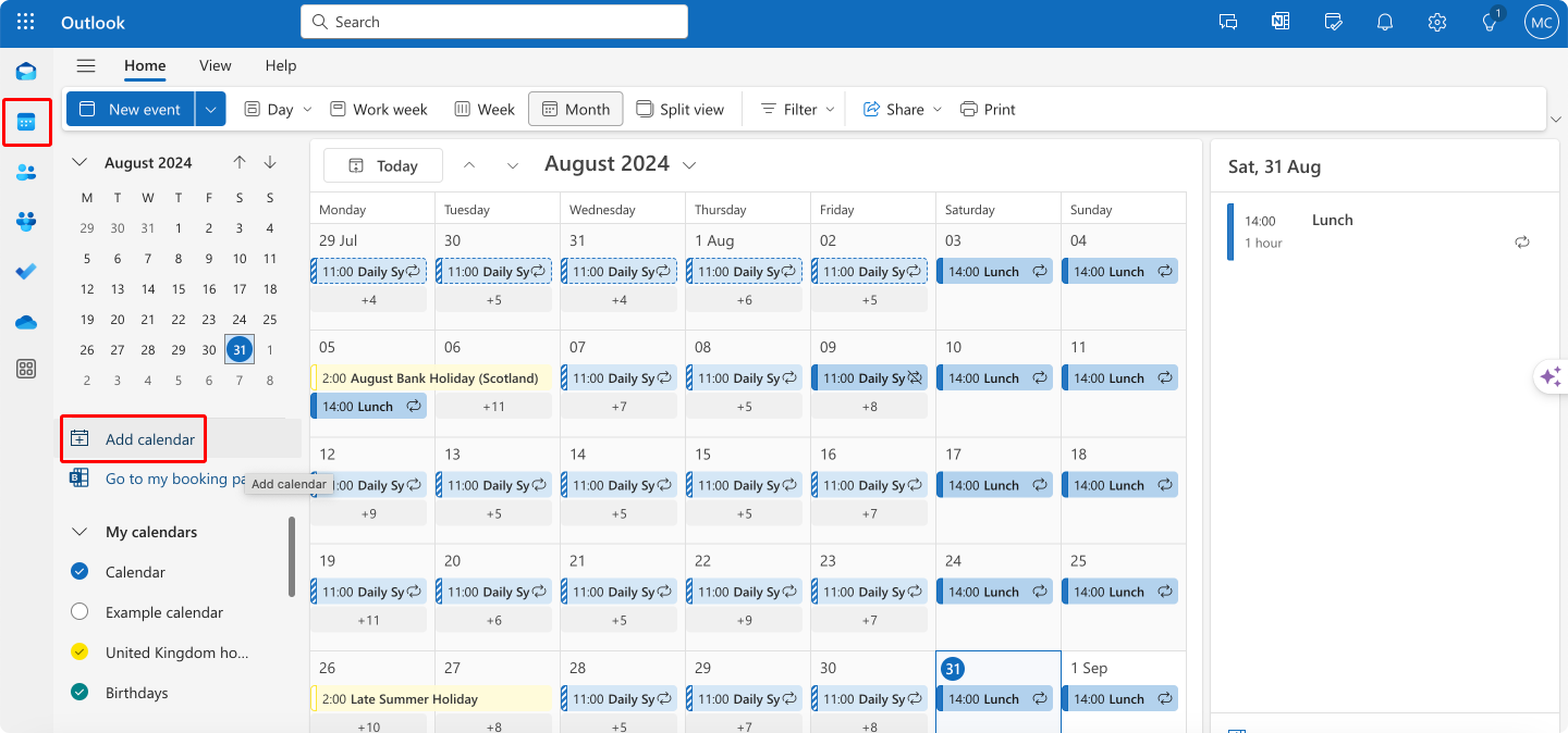 Adding a new calendar in Outlook.