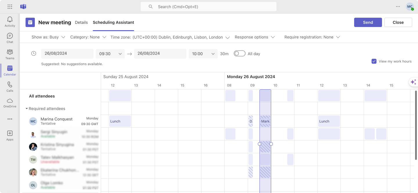 Using Scheduling Assistant while scheduling a new meeting within Microsoft Teams. 