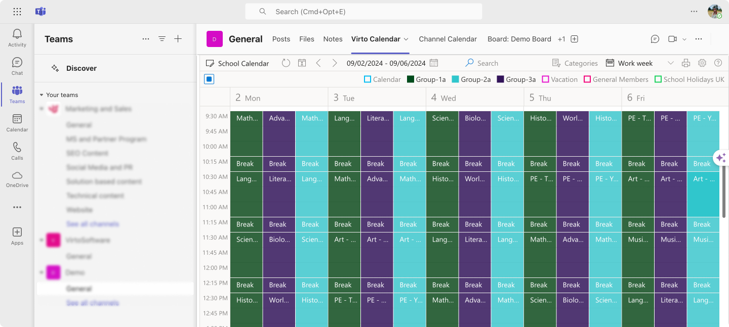 Sample overlaid calendar view in the Virto Calendar tab within Microsoft Teams.