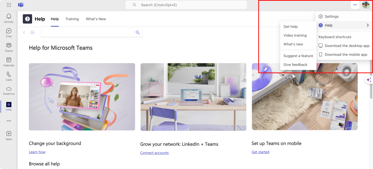 Navigating to the “Help” section in Teams.
