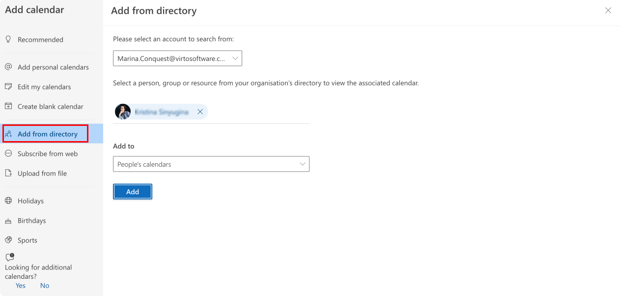 Adding a calendar from directory in Outlook on the web.
