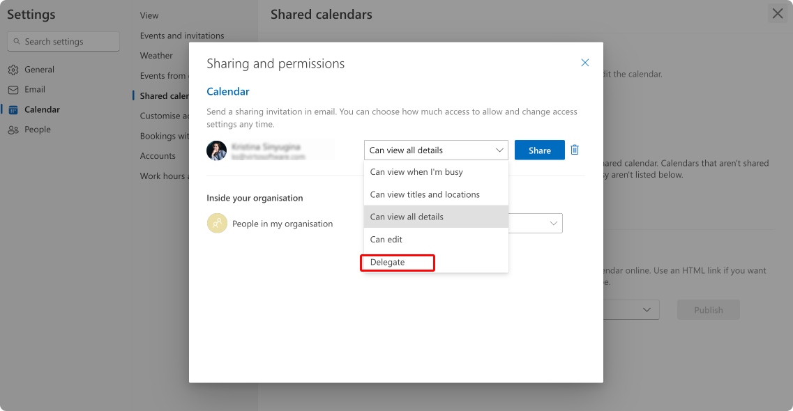 Delegating access to your calendar to a specific person.