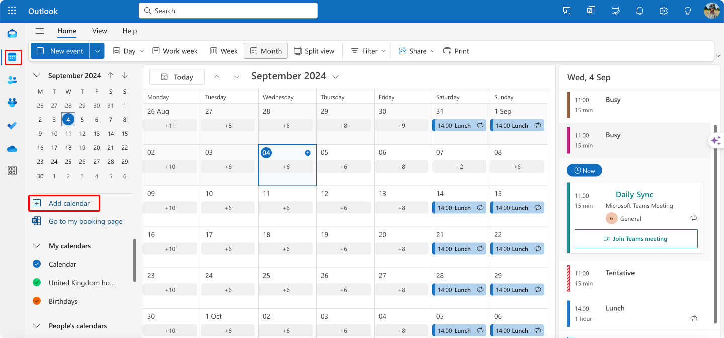 Adding a calendar in Outlook on the web.