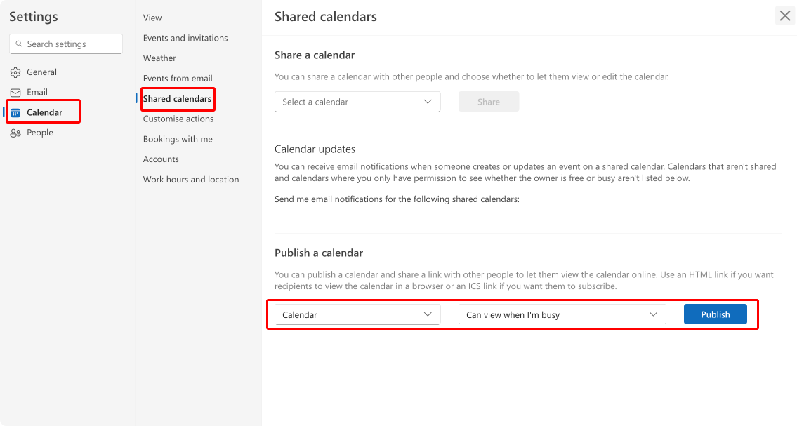 Publishing your calendar through Outlook settings.