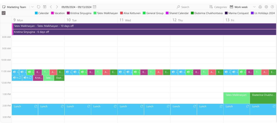 Sample view of your colleague schedules alongside yours in Virto Calendar. 