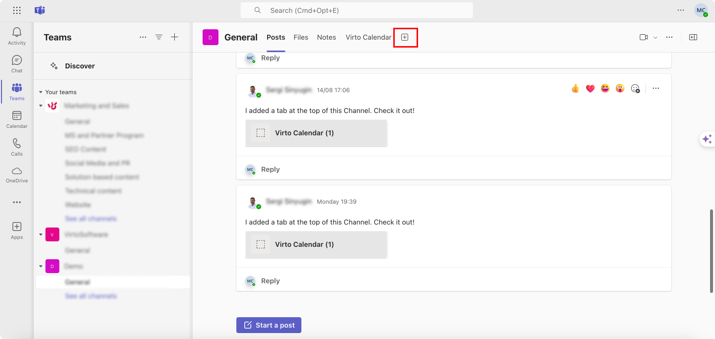 Adding a new tab within a channel in Microsoft Teams.