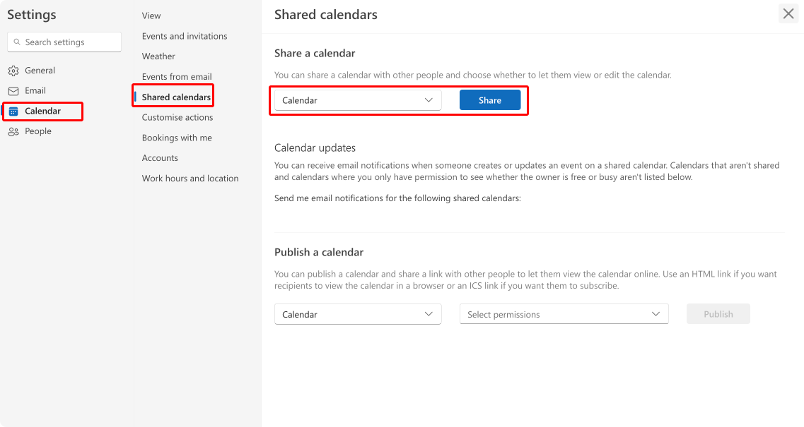 Sharing your calendar through Outlook settings.