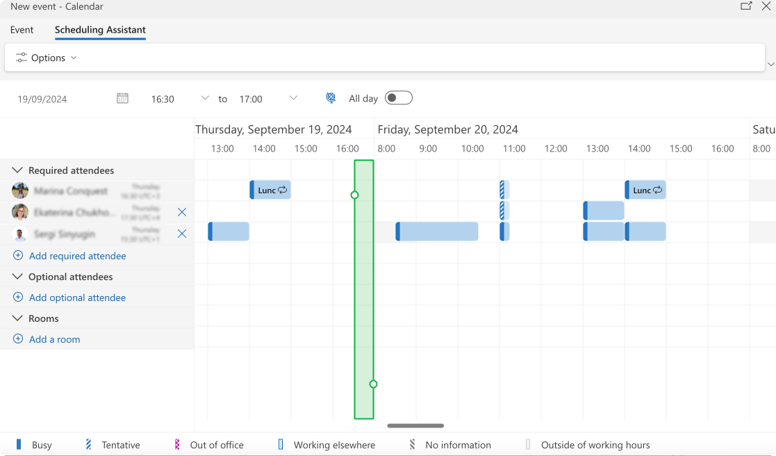 Using Scheduling Assistant for availability check.