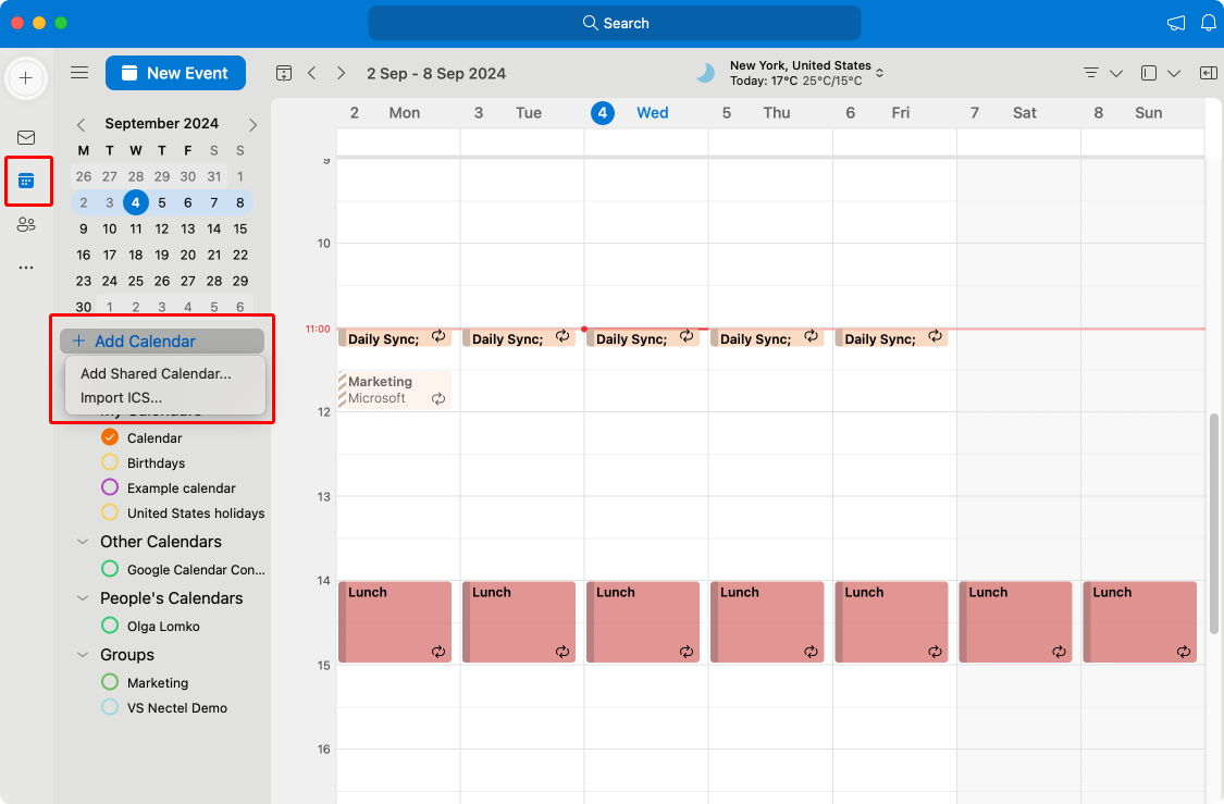 Adding a shared calendar in Outlook for Mac.