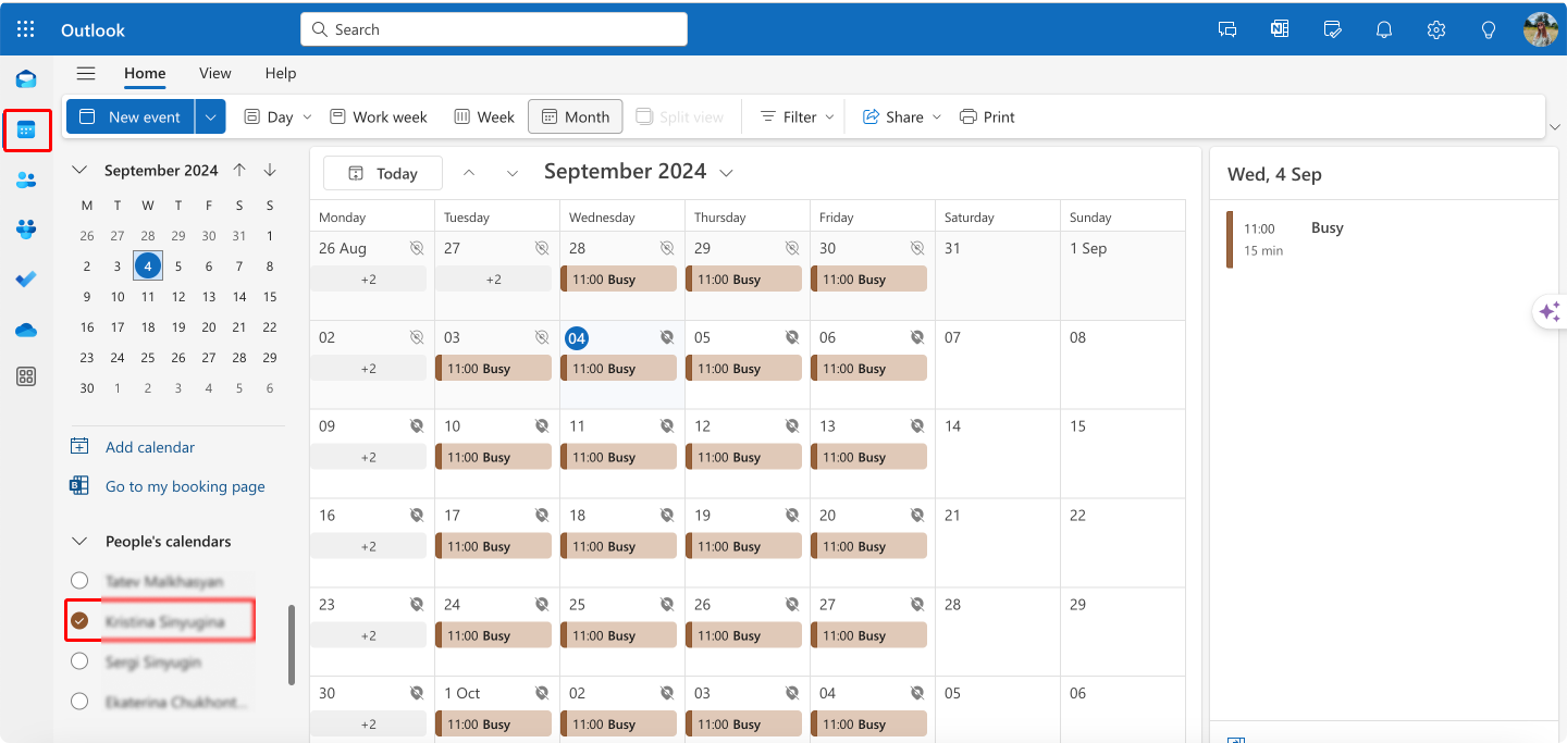 Checking someone’s calendar within your Outlook on the web app.