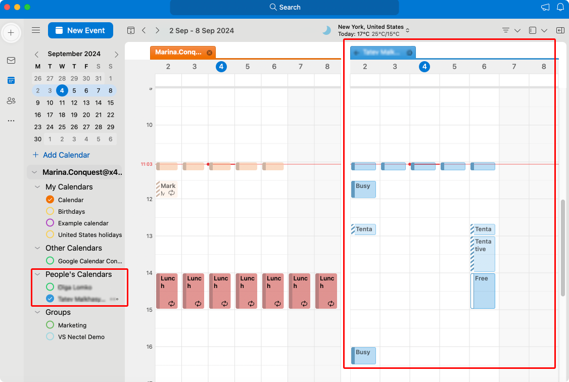 Viewing your colleague’s calendar side-by-side in Outlook for Mac.