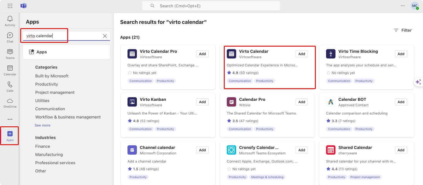 Adding the Virto Calendar App in Microsoft Teams.