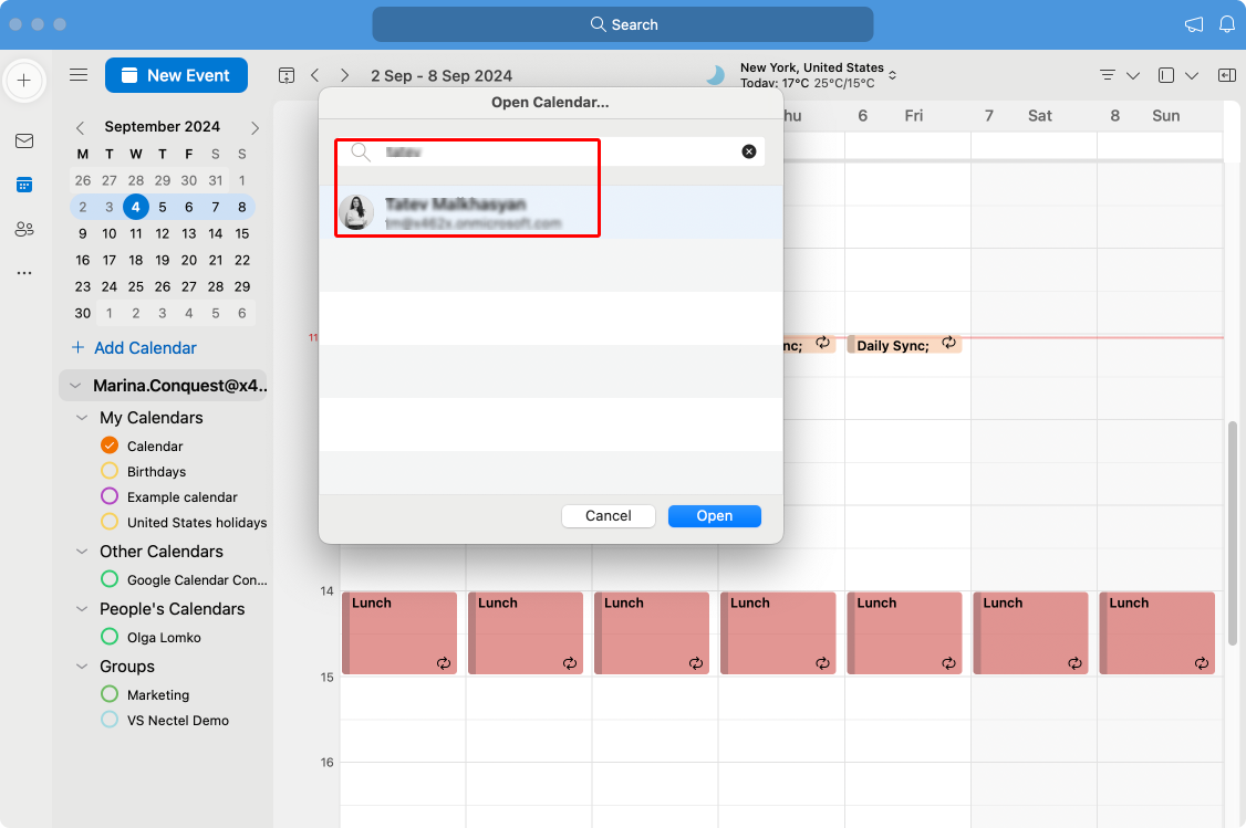 Looking for a specific person’s calendar in Outlook for Mac.