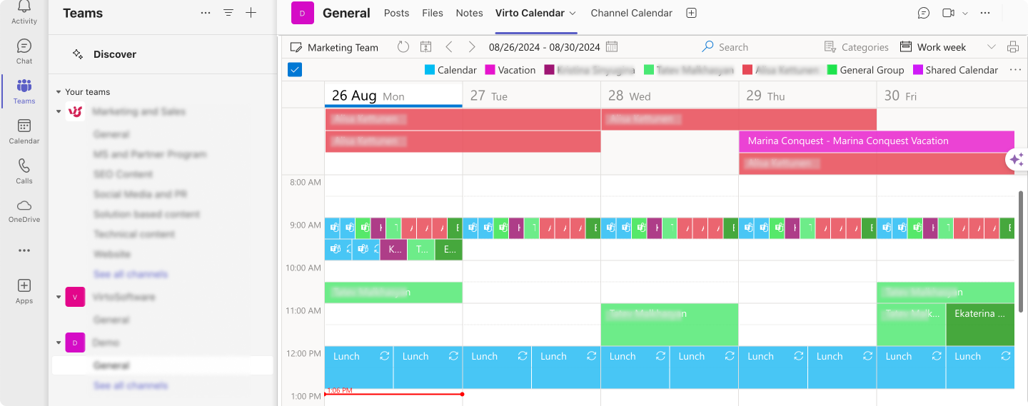 Sample Virto Calendar team view within Microsoft Teams.