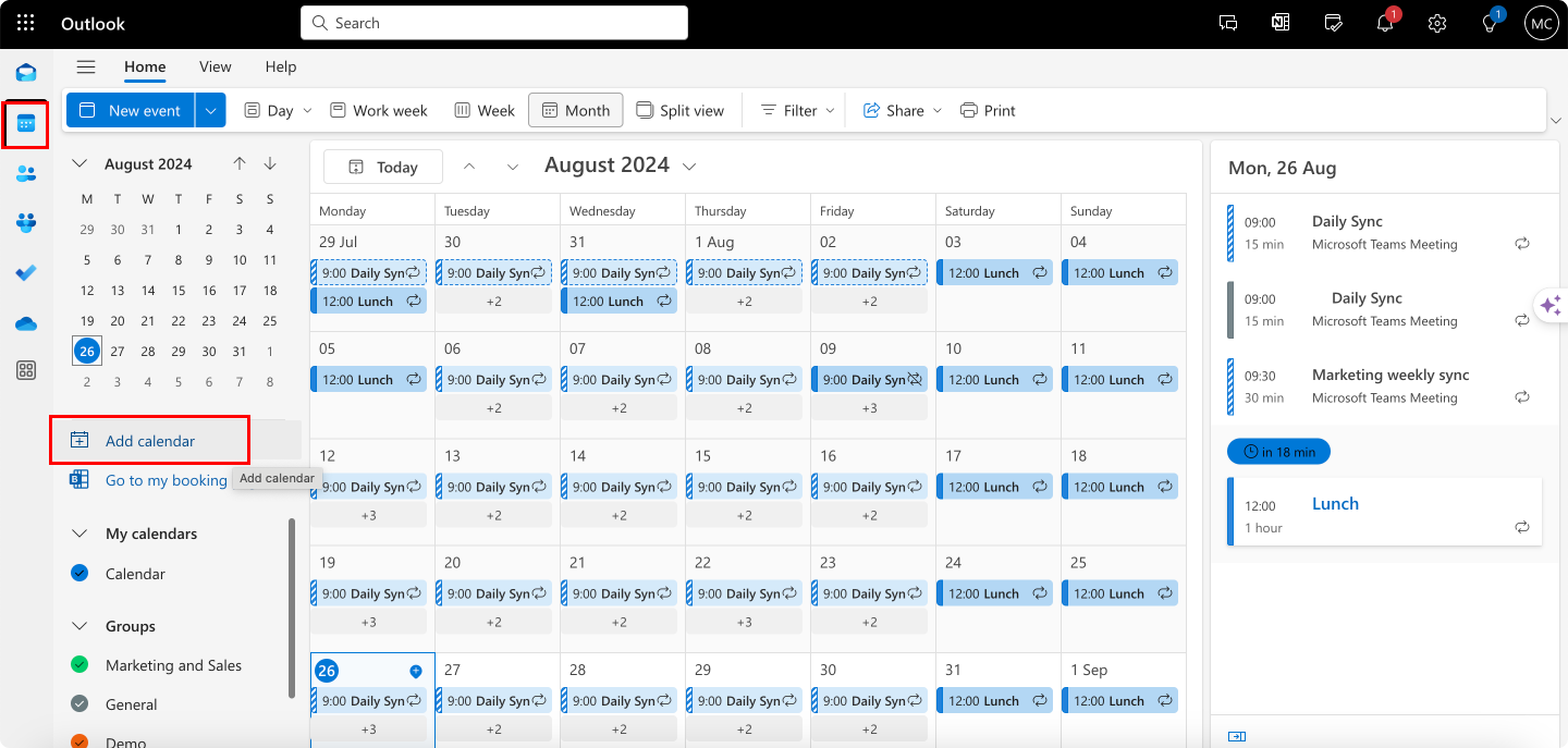 Adding a new calendar in Outlook.