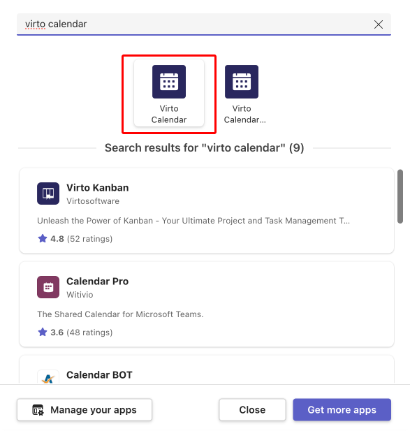 Searching for the Virto Calendar app in Teams store.
