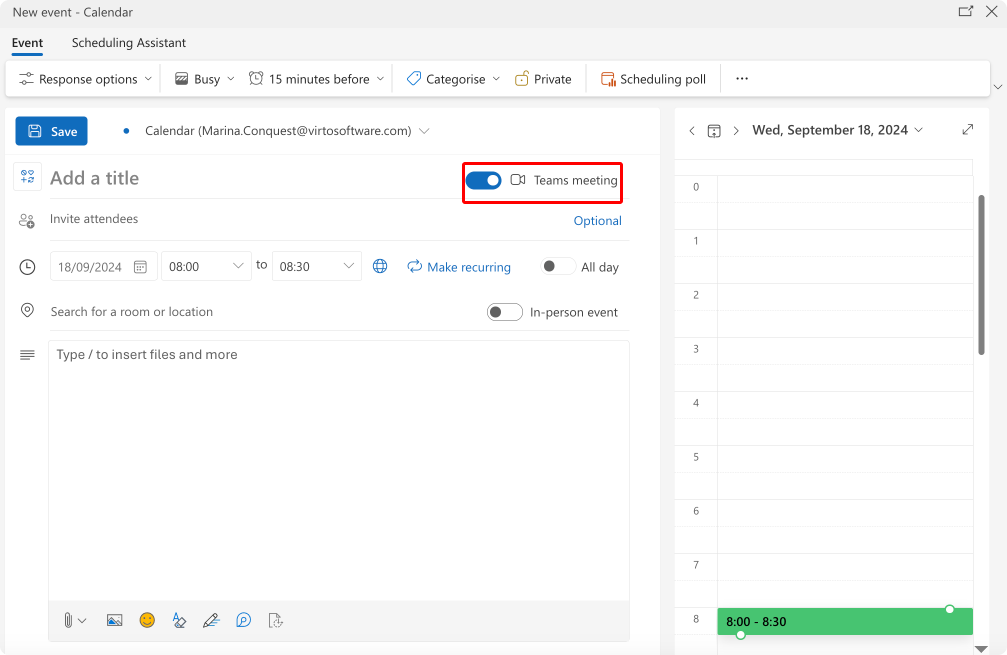 Scheduling a Microsoft Teams meeting from Outlook on the web.