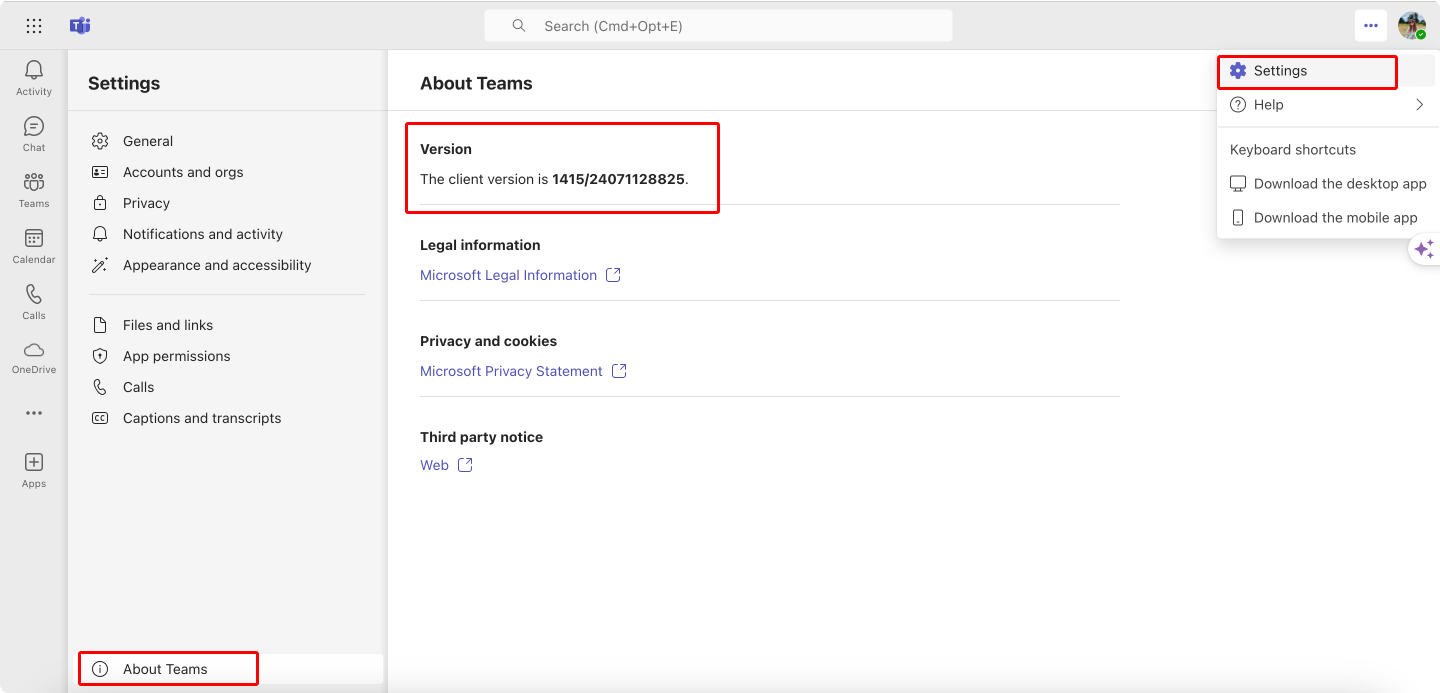 Checking Microsoft Teams version.