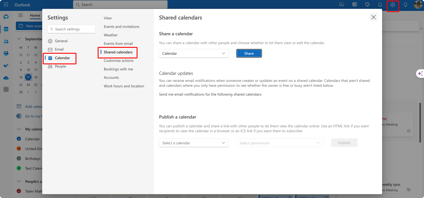 Navigating to “Shared calendar” settings in Outlook on the web.