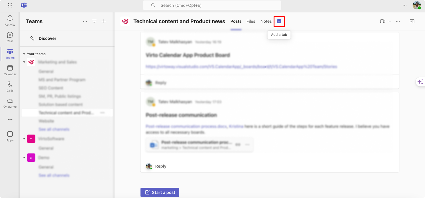 Adding a tab to the channel in Microsoft Teams.