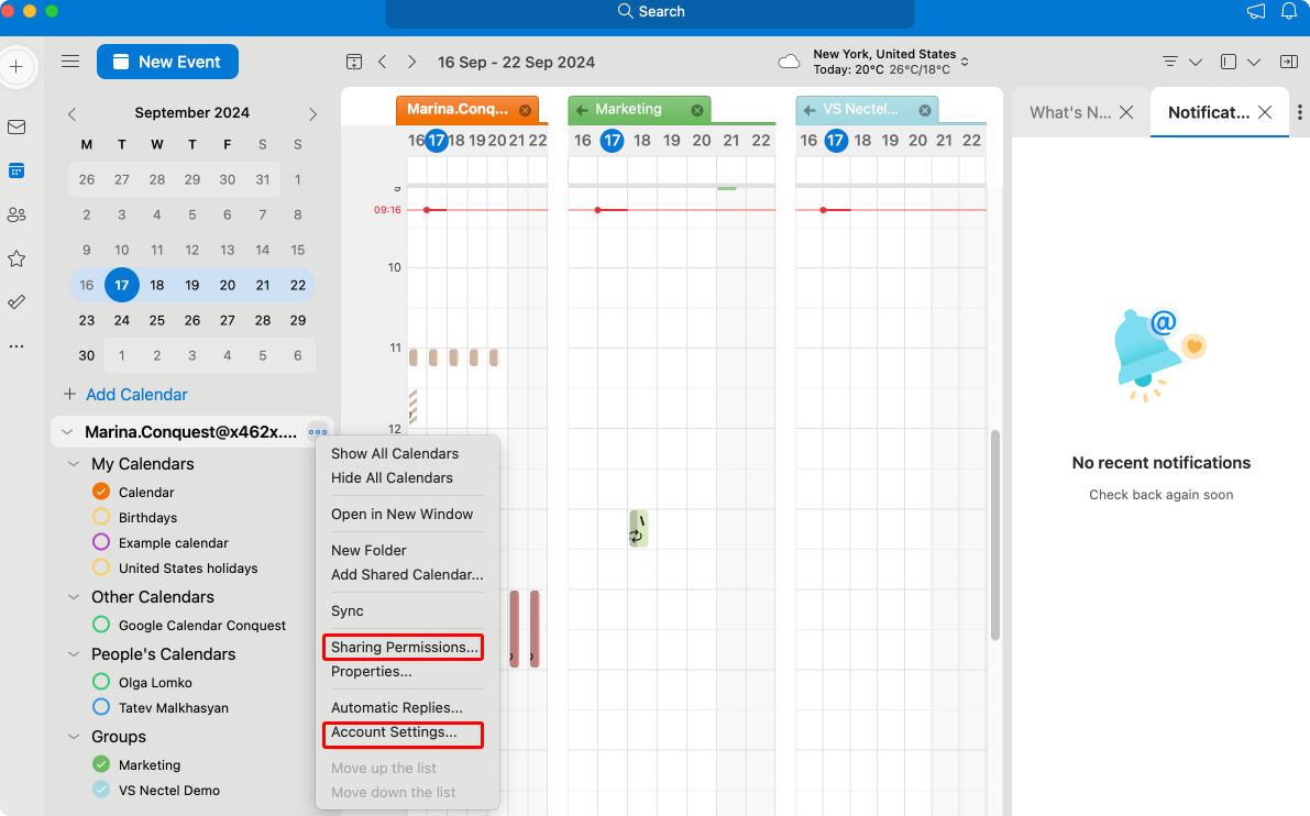 Navigating to “Sharing Permissions” & “Account Settings” in Outlook for Mac.