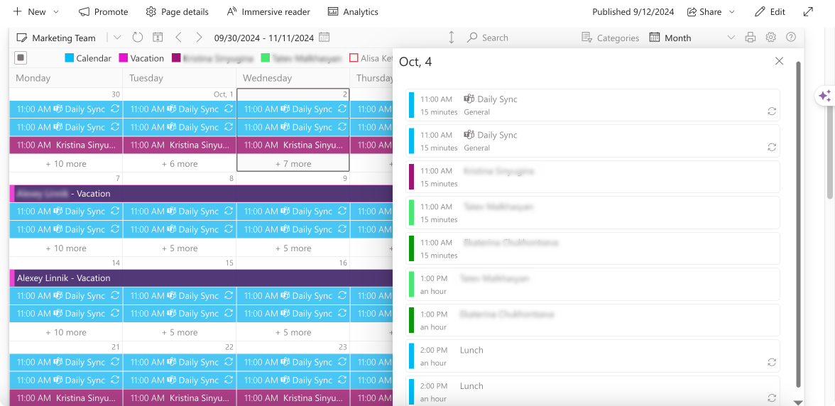 Sample calendar overlay view for a month and a day in Virto Calendar.