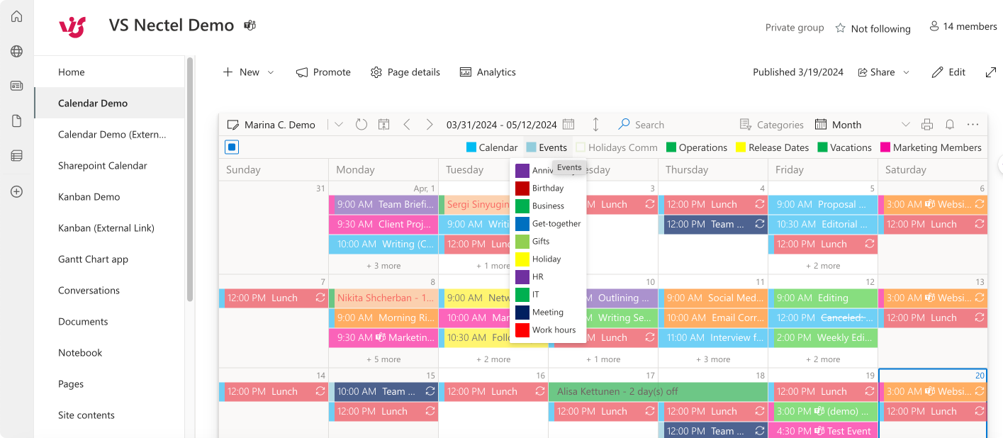 Sample Virto Calendar view.