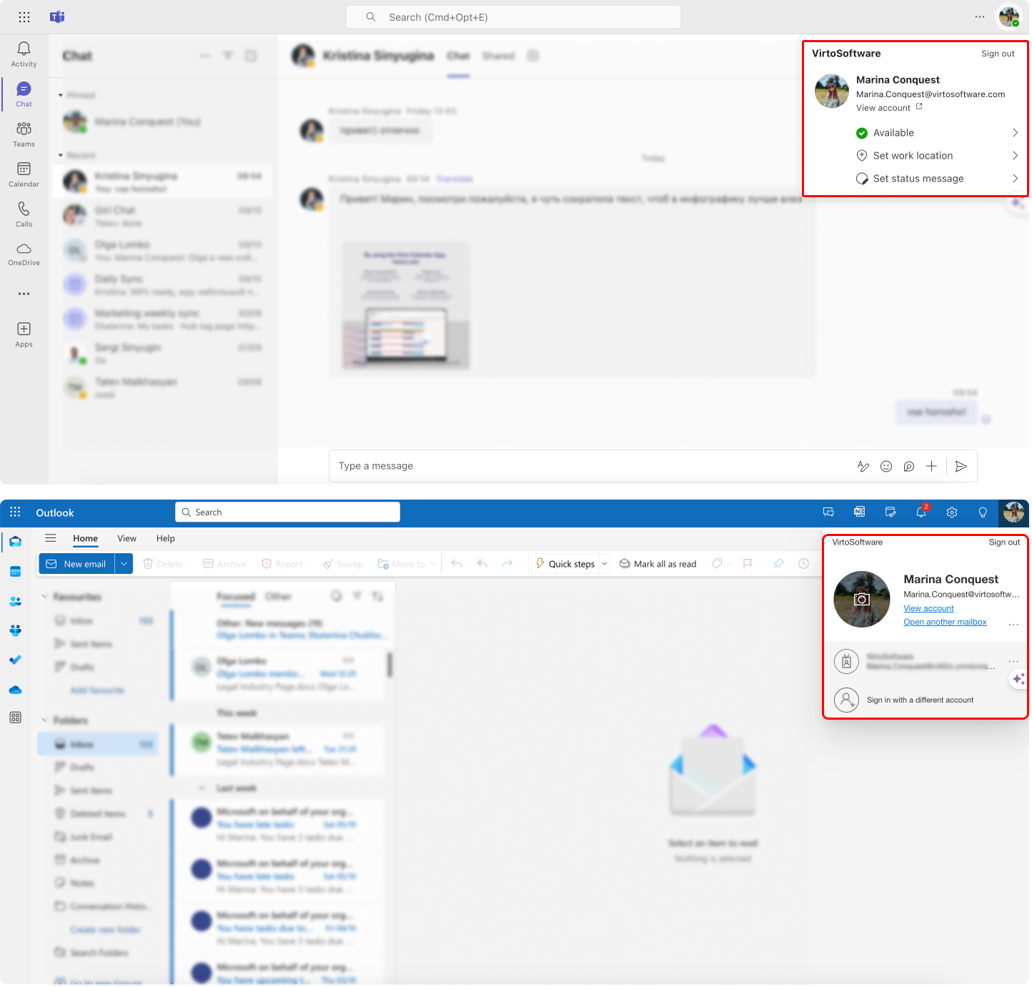 Checking accounts in Microsoft Teams and Outlook. 